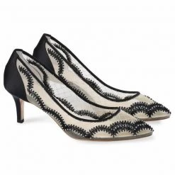 NICOLE Scalloped Embroidered Black Evening Kitten Heels
