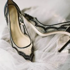 NADIA BLACK Evening Black Mesh Heels Sheer Lace Pumps