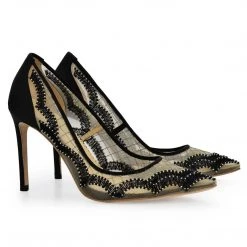 NADIA BLACK Evening Black Mesh Heels Sheer Lace Pumps