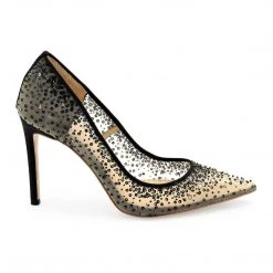 ELSA BLACK Crystal Embellished Heels With Black Sequin On Nude Mesh Evening