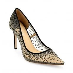 ELSA BLACK Crystal Embellished Heels With Black Sequin On Nude Mesh Evening