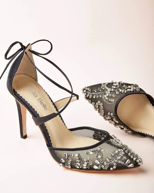 FLORENCE BLACK Black Mesh Heels Crystal Embellished Pumps FLORENCE BLACK Black Mesh Heels Crystal Embellished Pumps