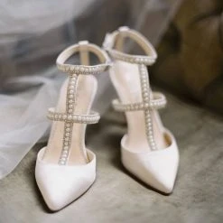 CAROLINA Ivory Wedding Shoes With Pearls, T Strap Heels