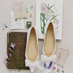 LAVENDER Wedding White Embroidered Flats With Bows By Joy Proctor